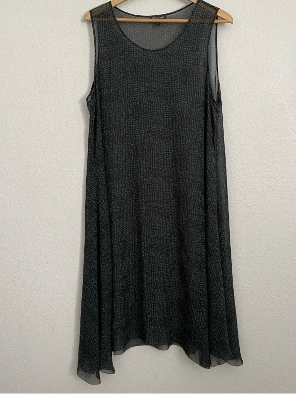 Eileen Fisher Silk Dress XL Gray Black Sheer Thumbprint Chiffon Flare Flowy
